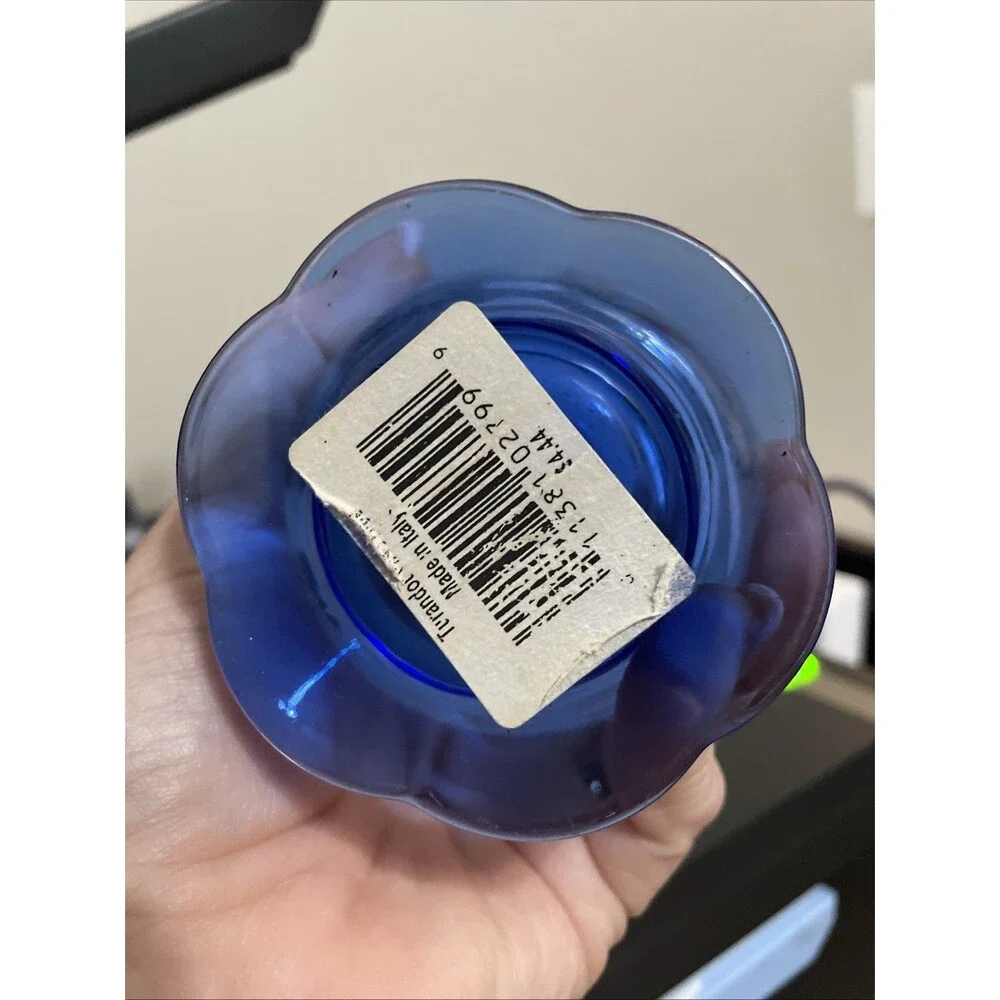 Bormioli Rocco Italy, Blown Glass Vase, Blue Flower Shaped Foot